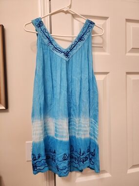 Blue Tie-Dye Embroidered V-Neck Sundress\bathing Suit Coverup